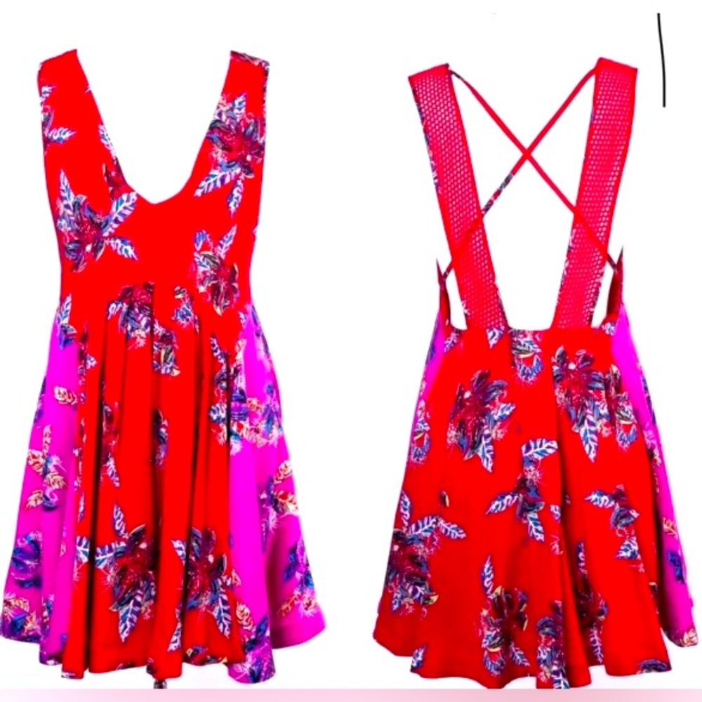 Free People Thought I Was Dreaming Red And Pink Floral Mini Dress Size Medium